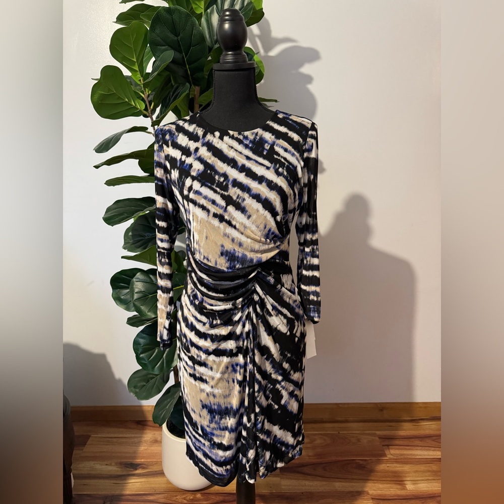 DKNY Black and Cream Long Sleeve Dress